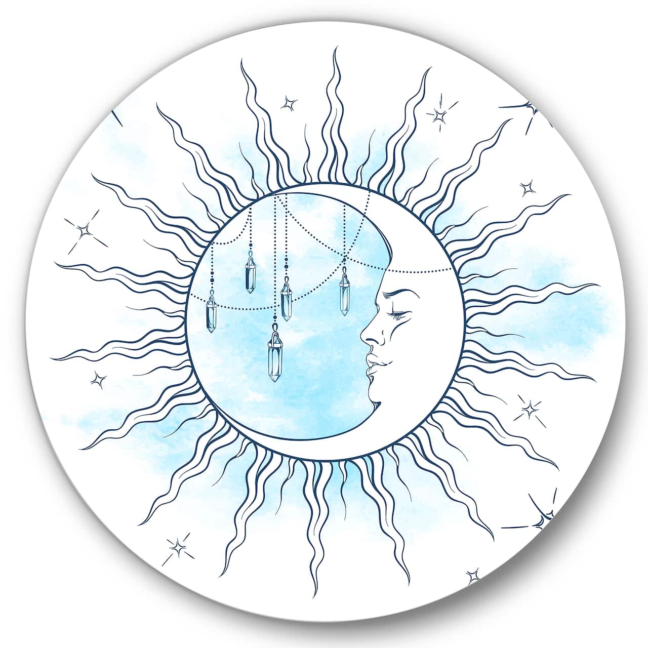 Designart - Blue Crescent Moon With Moonstone Pendants & Stars - Bohemian & Eclectic Metal Circle Wall Art